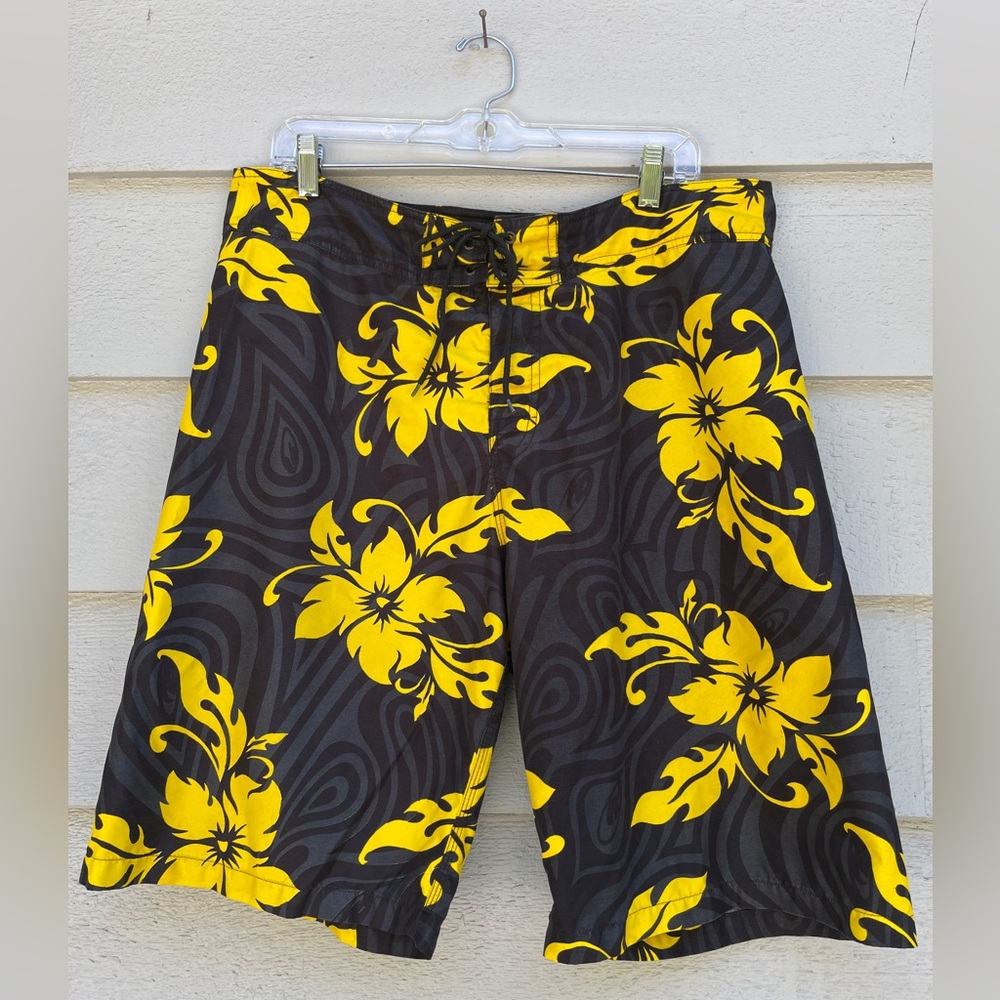 Point Zero Black and Yellow Hibiscus Board Shorts